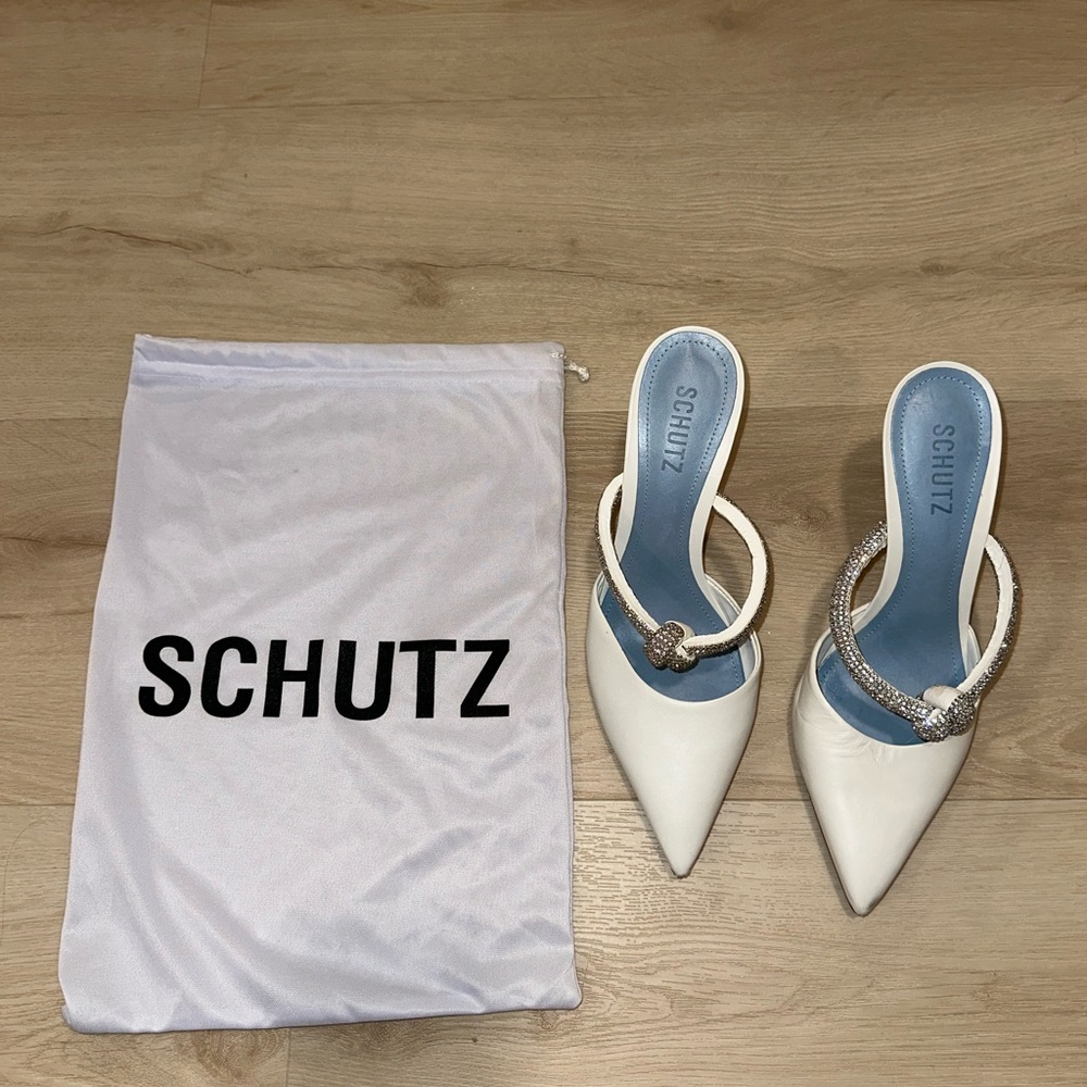 SCHUTZ White Pointed-Toe Mules with Embellished Strap